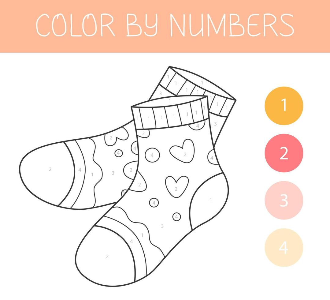 Farbe durch Zahlen Färbung Buch zum Kinder mit Socken. Färbung Seite mit süß Karikatur Socken. einfarbig schwarz und Weiß. Vektor Illustration.