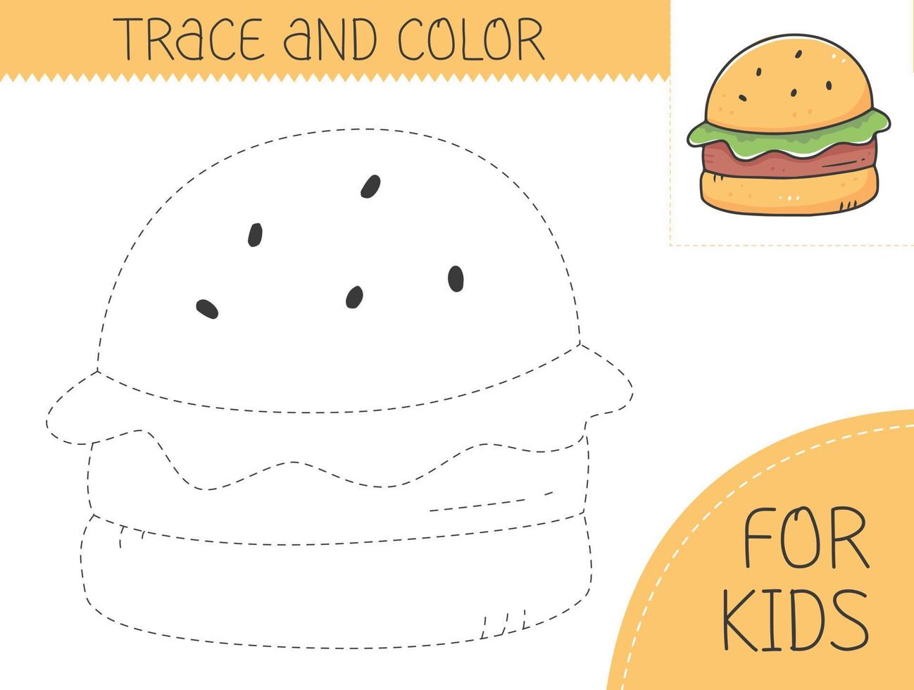 spår och Färg färg bok med burger för ungar. färg sida med tecknad serie hamburgare. vektor illustration för ungar.