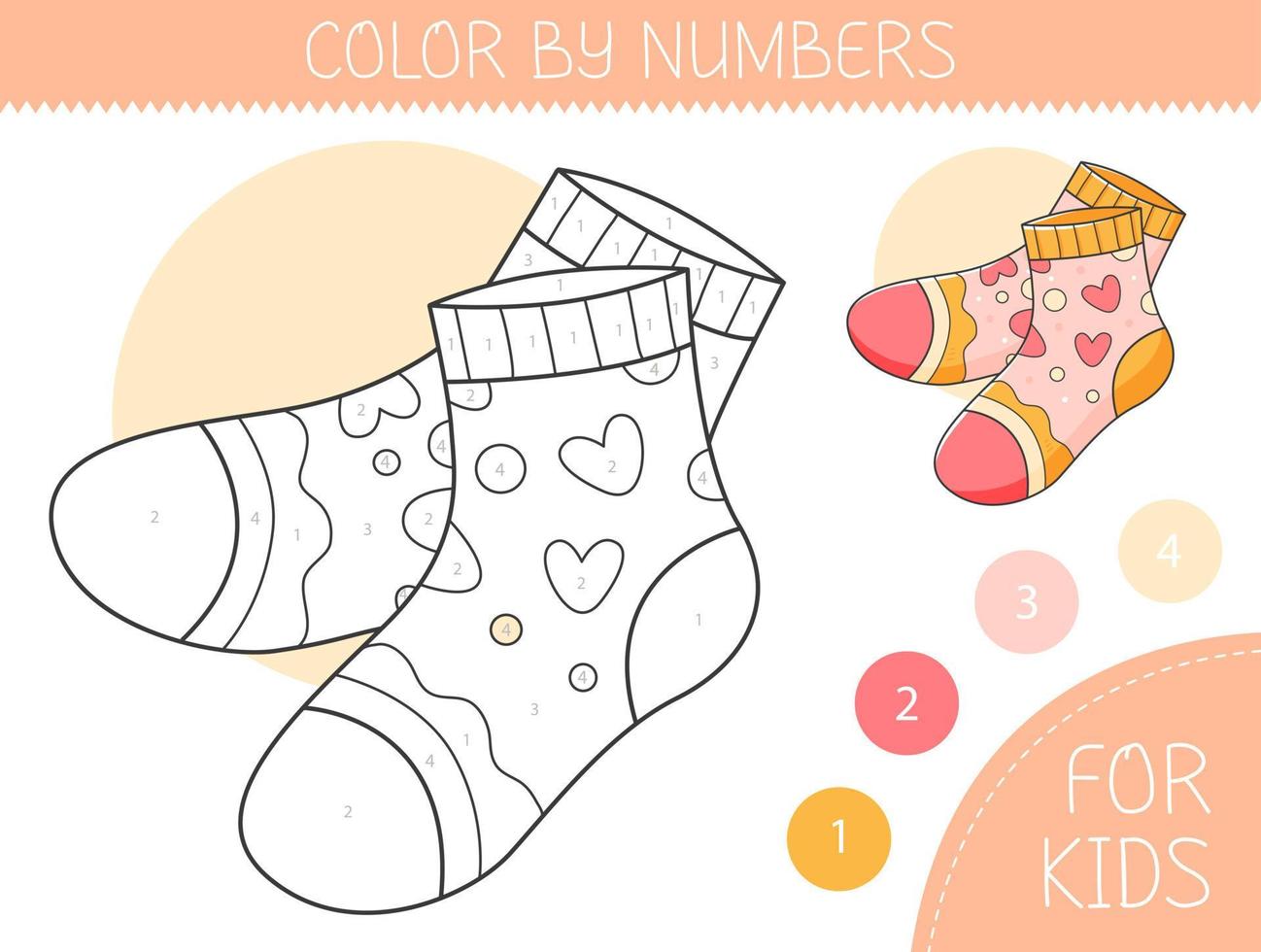 Farbe durch Zahlen Färbung Seite zum Kinder mit Socken. Färbung Buch mit süß Karikatur Socken mit ein Beispiel zum Färbung. einfarbig und Farbe Versionen. Vektor Illustration.