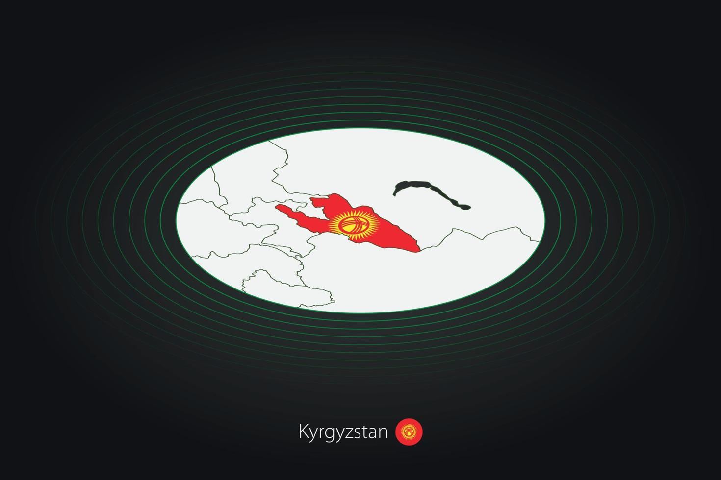 kyrgyzstan Karta i mörk Färg, oval Karta med angränsande länder. vektor