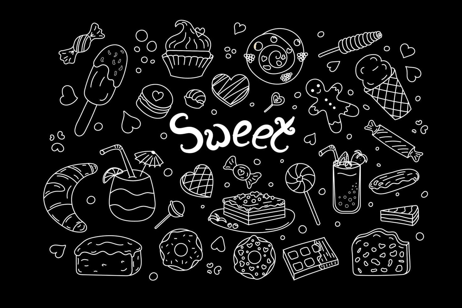 uppsättning sötsaker klotter. vit linje på svart. vektor illustration. mat sötsaker, efterrätt, choklad, kakor.