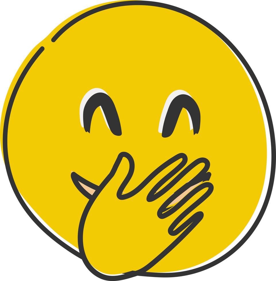 Kichern Emoji. Emoticon Startseite Mund mit Hand während Lachen. Hand gezeichnet, eben Stil Emoticon. vektor