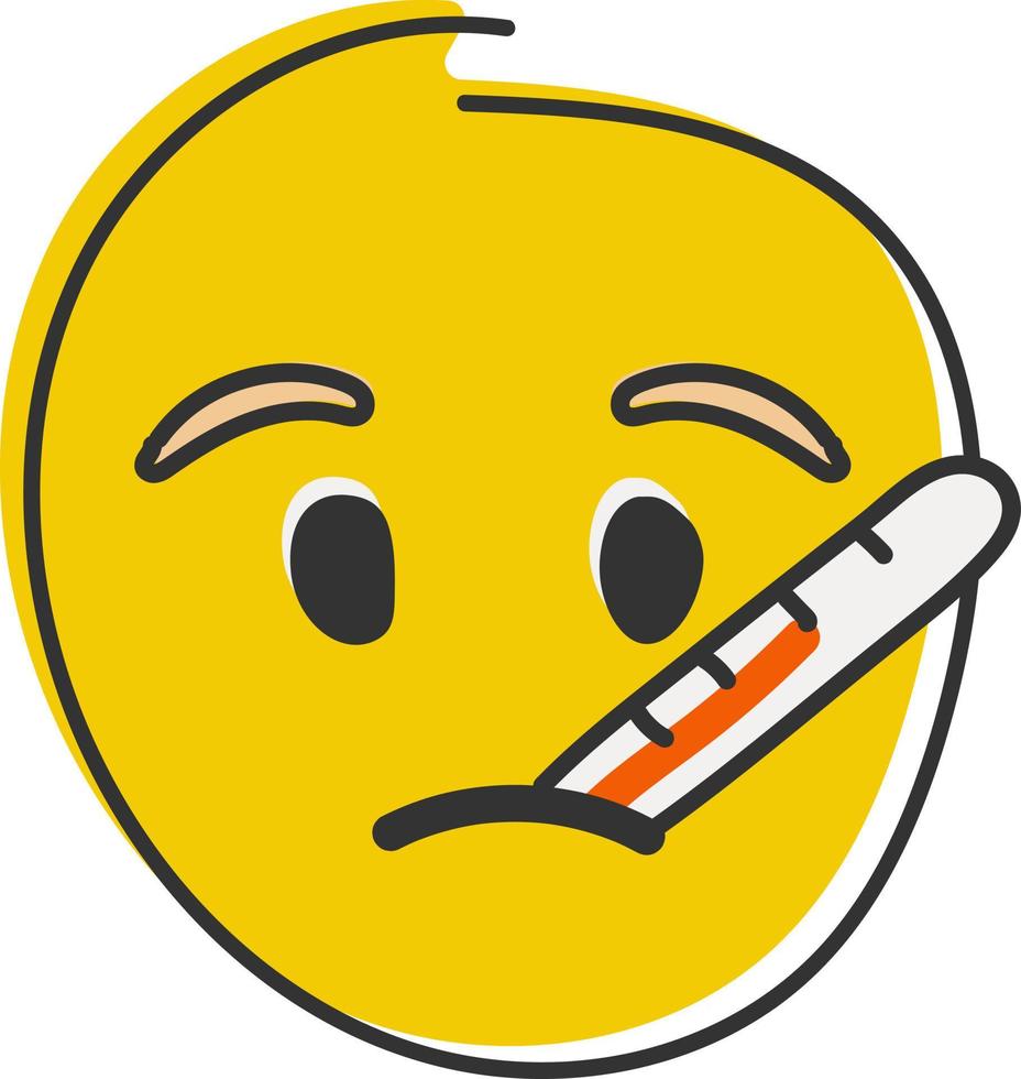 Thermometer im Mund Emoji. krank Emoticon mit hoch Fieber. Hand gezeichnet, eben Stil Emoticon. vektor