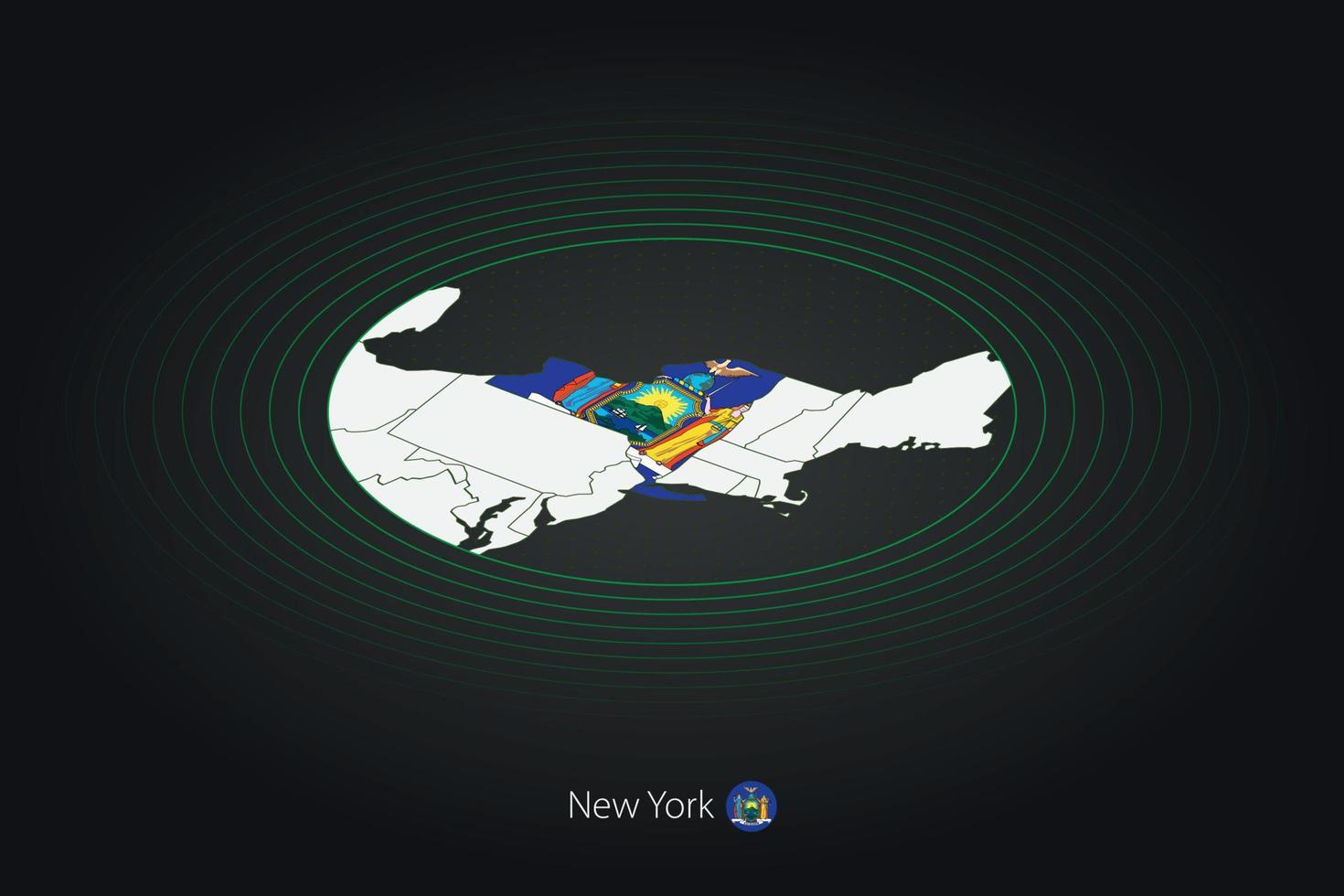 Neu York Zustand Karte im dunkel Farbe, Oval Karte mit benachbart uns Zustände. vektor