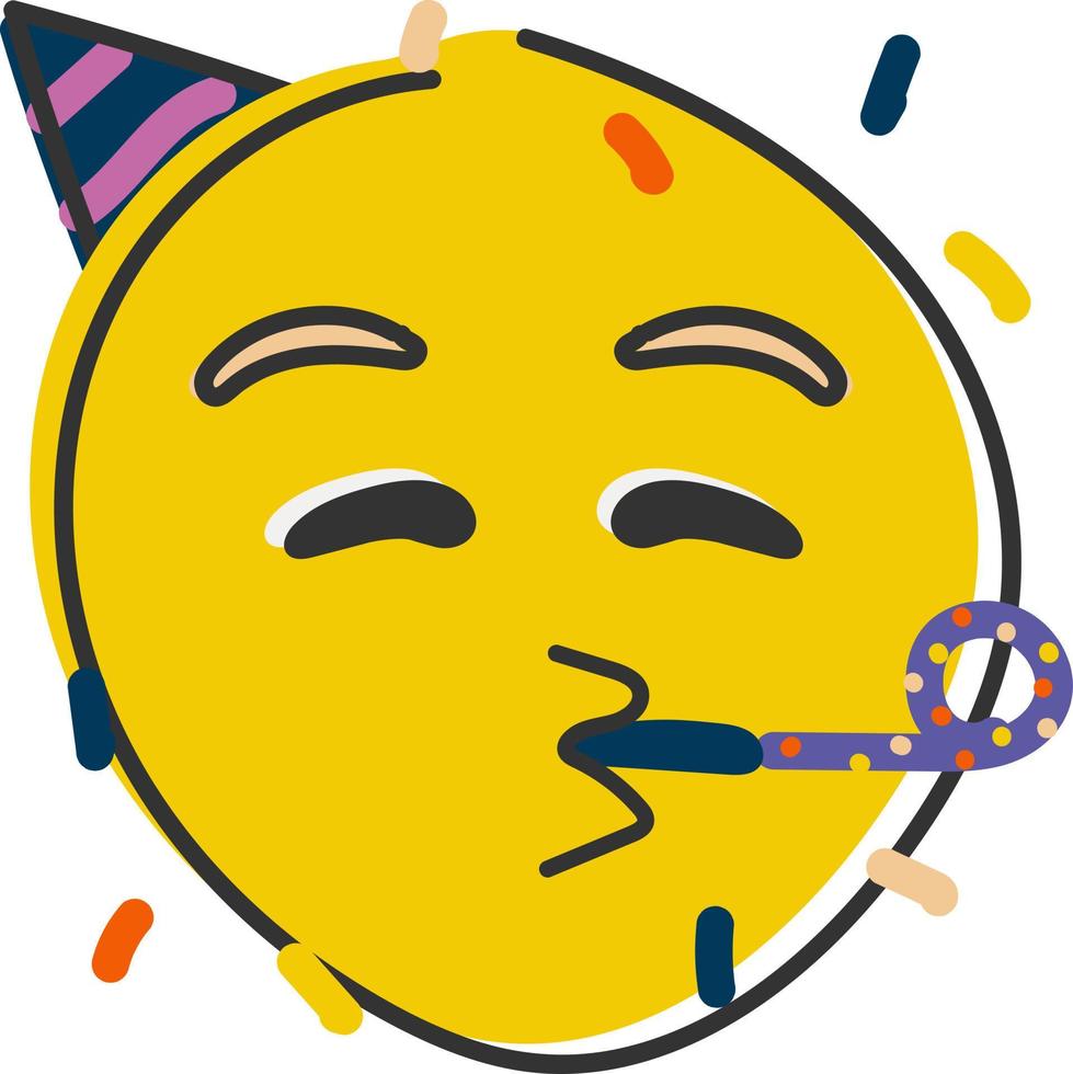 Party machen Emoji. Emoticon mit Party Horn und Hut. Hand gezeichnet, eben Stil Emoticon. vektor