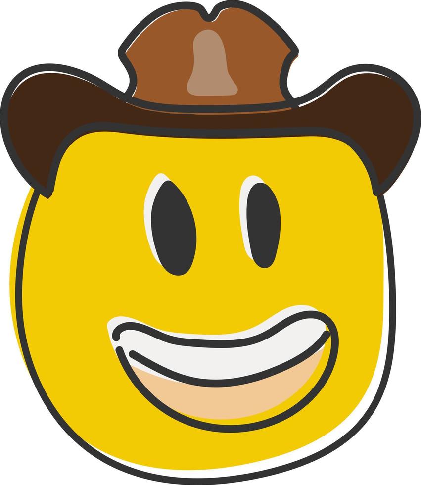 Cowboy Hut Emoji. glücklich lächelte Emoticon mit braun Leder randvoll Hut. Hand gezeichnet, eben Stil Emoticon. vektor