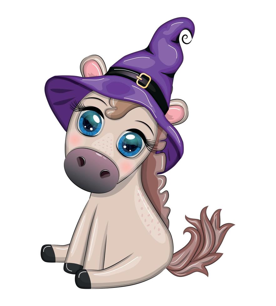 söt häst, ponny i en lila häxa hatt, med en kvast, pumpa, trolldryck. halloween kort för de Semester vektor