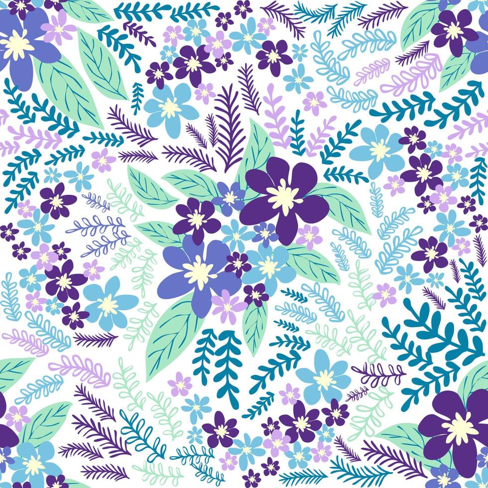 fantasi sömlös blommig mönster med blå, azurblå, tsman, lavendel- blommor och löv. elegant mall för mode vektor