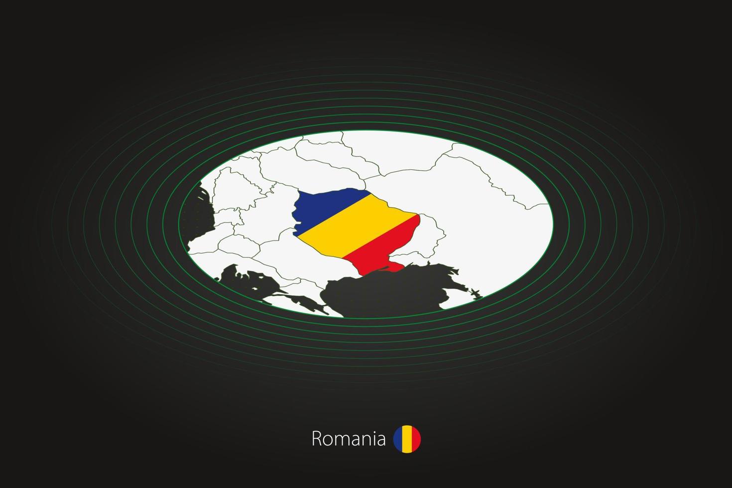 rumänien Karta i mörk Färg, oval Karta med angränsande länder. vektor