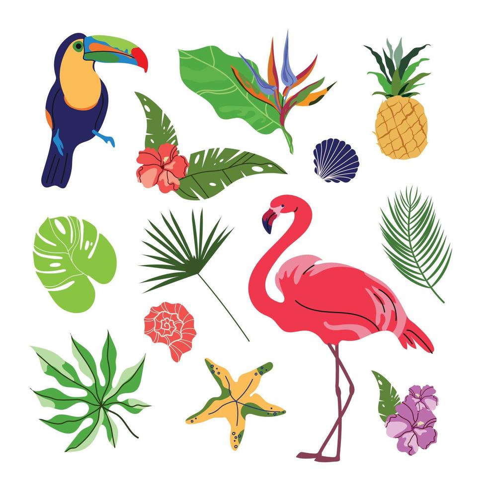 tropisch Sommer- Satz. Rosa Flamingo, Tukan, exotisch Früchte, Grün Blätter, Blumen, Muscheln, Ananas isoliert auf Weiß Hintergrund. eben Vektor Illustration.