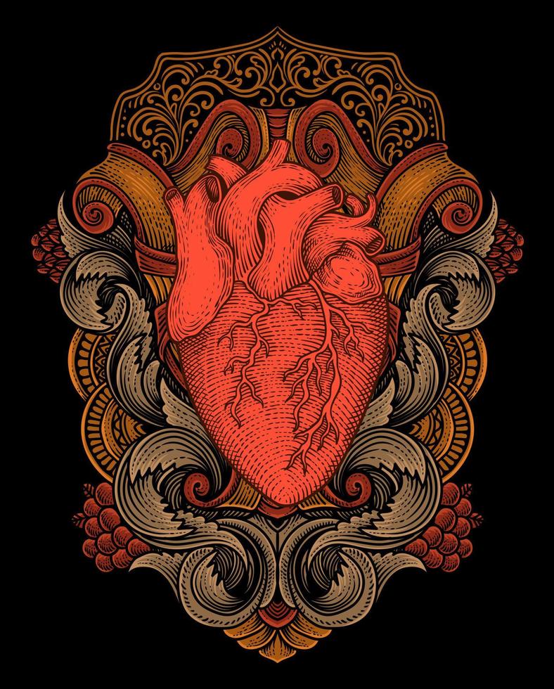 illustration vektor antik hjärta med årgång gravyr prydnad i tillbaka perfekt för din handelsvaror och t skjorta