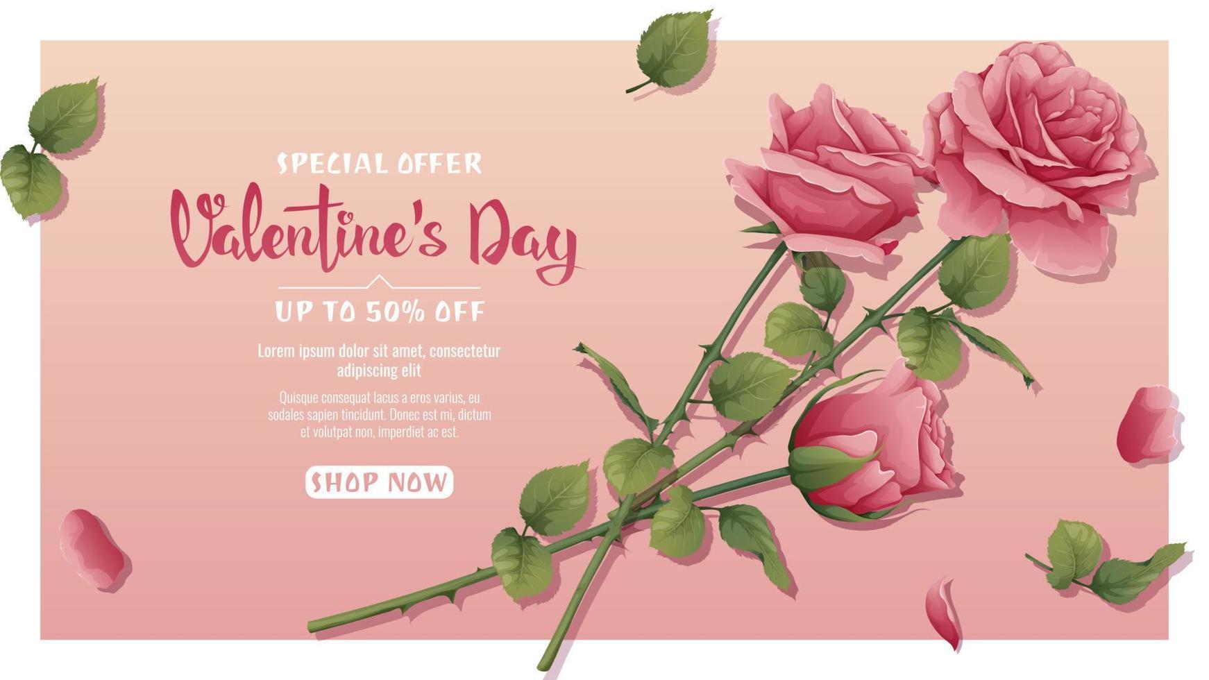 Banner mit Rose Blumen, Valentinstag s Tag. romantisch Hintergrund, zum das Urlaub. Strauß von Rosa Rosen, Blütenblätter und Blätter verstreut auf das Oberfläche vektor