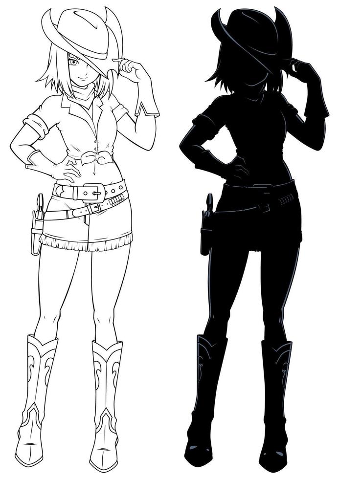 Anime Cowgirl Linie Kunst und Silhouette vektor