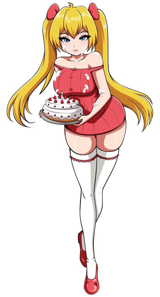 Anime Mädchen mit Kuchen auf Weiß vektor