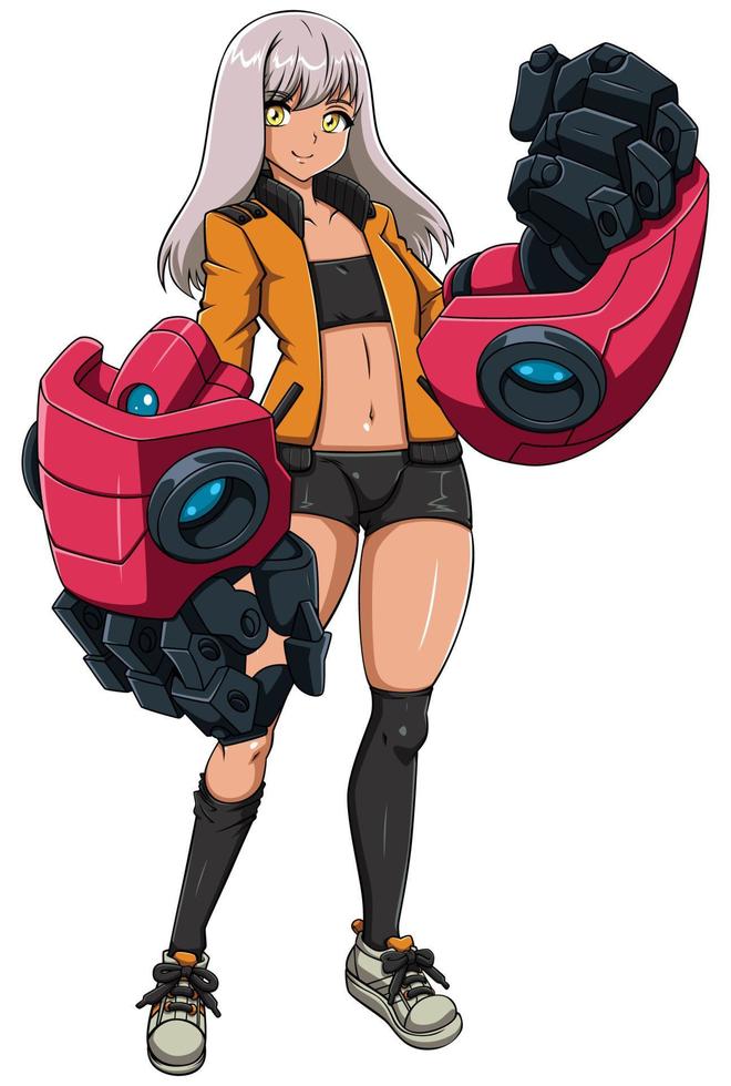 anime flicka med robot vapen på vit vektor