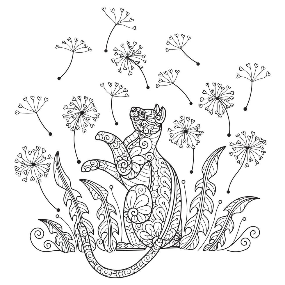 katt och blomma på vit bakgrund. handritad skiss för målarbok för vuxna vektor