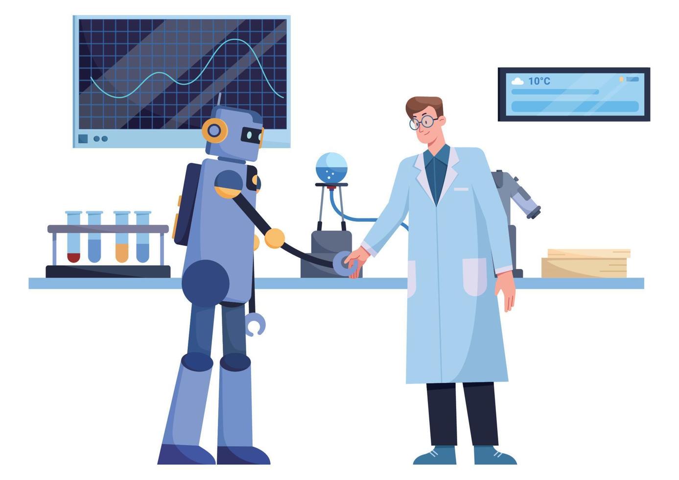 Wissenschaftler und Roboter freunde vektor