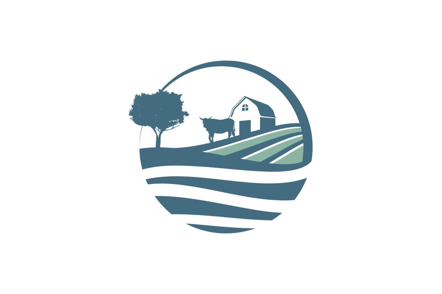 natur bruka logotyp med en kombination av en ladugård, fält, ko, och träd med en skön se. vektor
