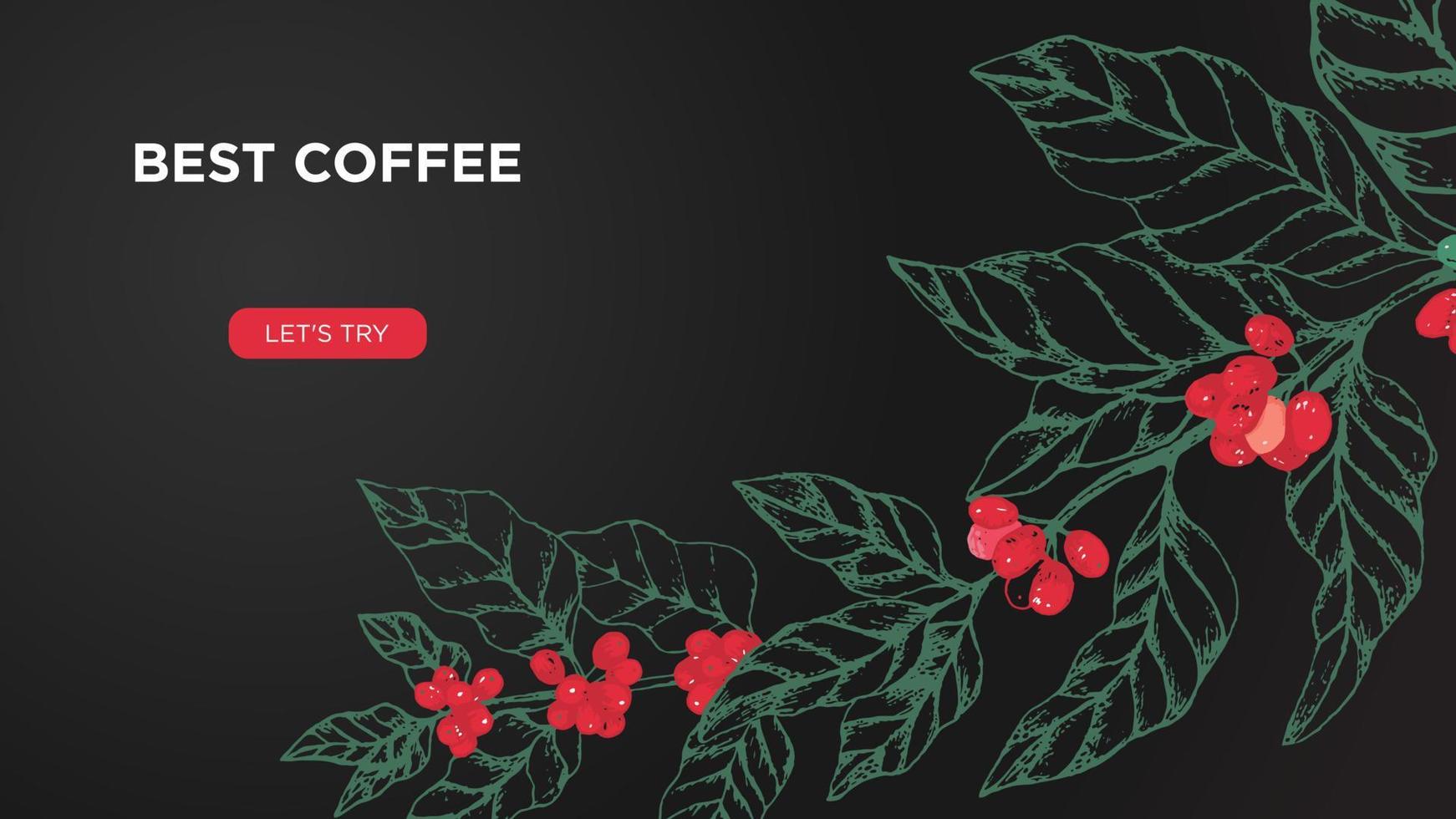 mall för kaffe företag hemsida skärm. begrepp med kaffe träd och bär på svart bakgrund. illustration för landning sida eller baner, flygblad eller blog posta. vektor