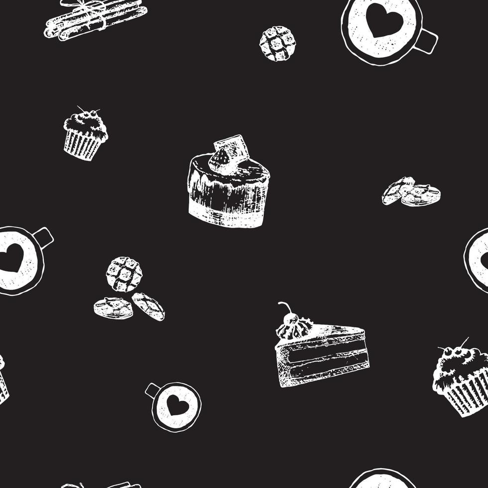 sömlös mönster med kaffe koppar och hjärtan, kakor, muffins och kanel. illustration för kaffe affär eller bageri i skiss gravyr stil. årgång vit krita illustrationer på mörk grå bakgrund. vektor