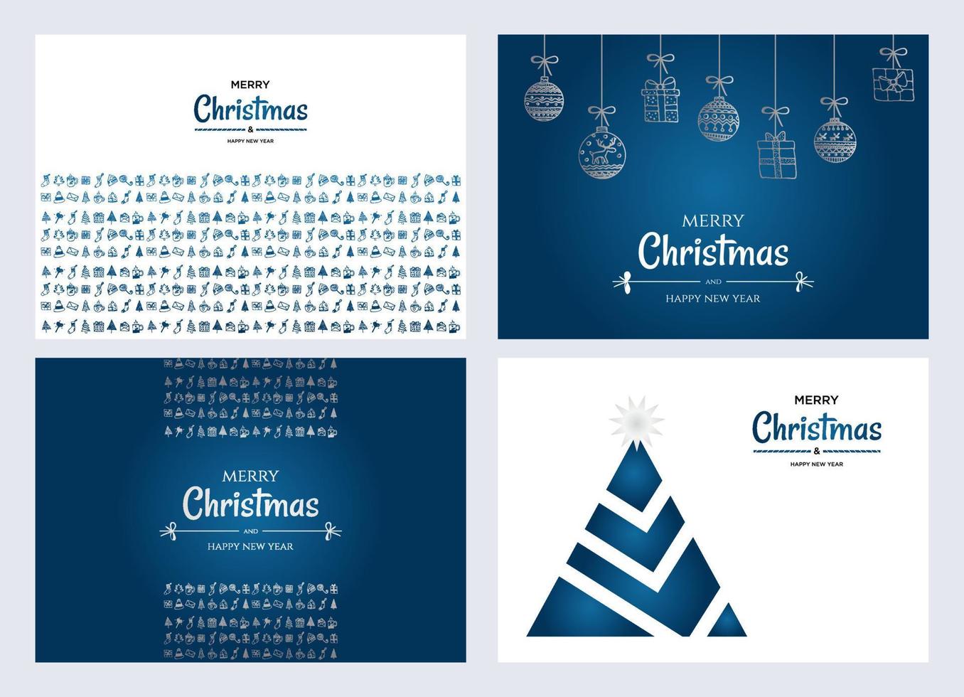 fröhlich Weihnachten und glücklich Neu Jahr Plakate oder Gruß Karten Design mit Hand gezeichnet Kritzeleien Elemente Sammlung Vektor Illustration . Weihnachten Banner mit Silber und Blau Gradient.