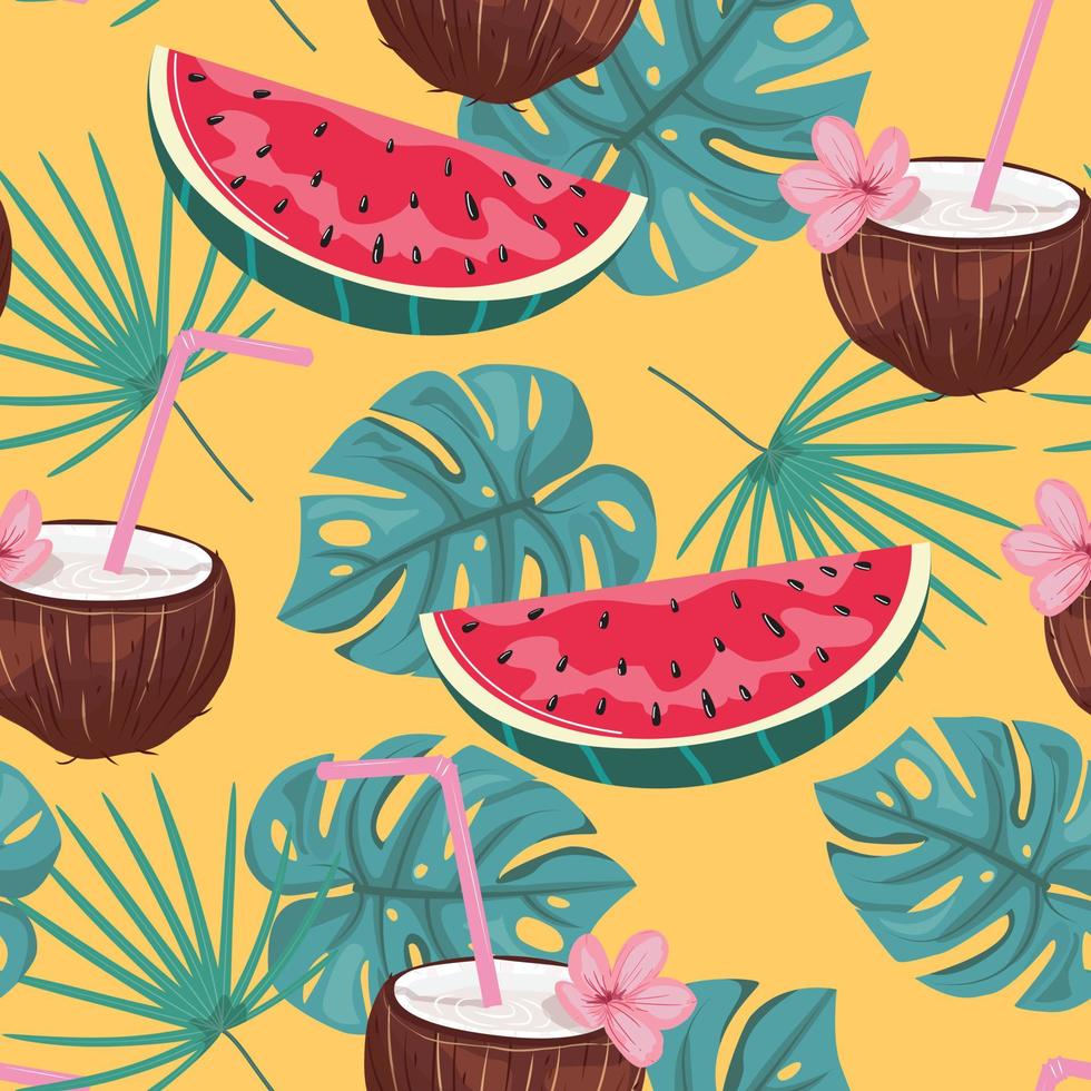 sömlös mönster med tropisk löv, vattenmelon, kokos. vektor