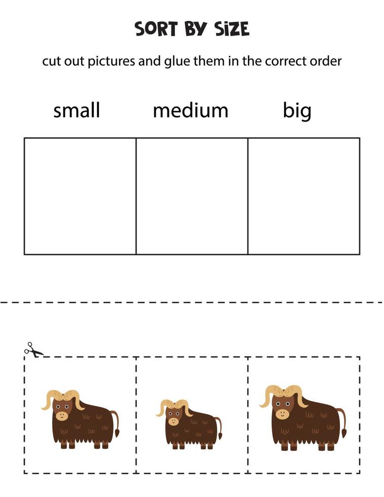 sortera söt myskoxe förbi storlek. pedagogisk kalkylblad för ungar. vektor