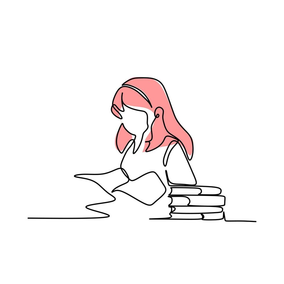 kontinuerlig linje teckning av en flicka läsning en bok. vektor illustration