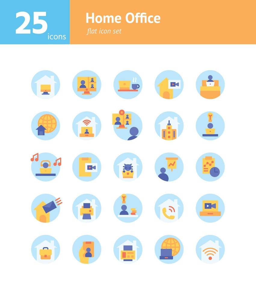 Home-Office-Flat-Icon-Set. vektor