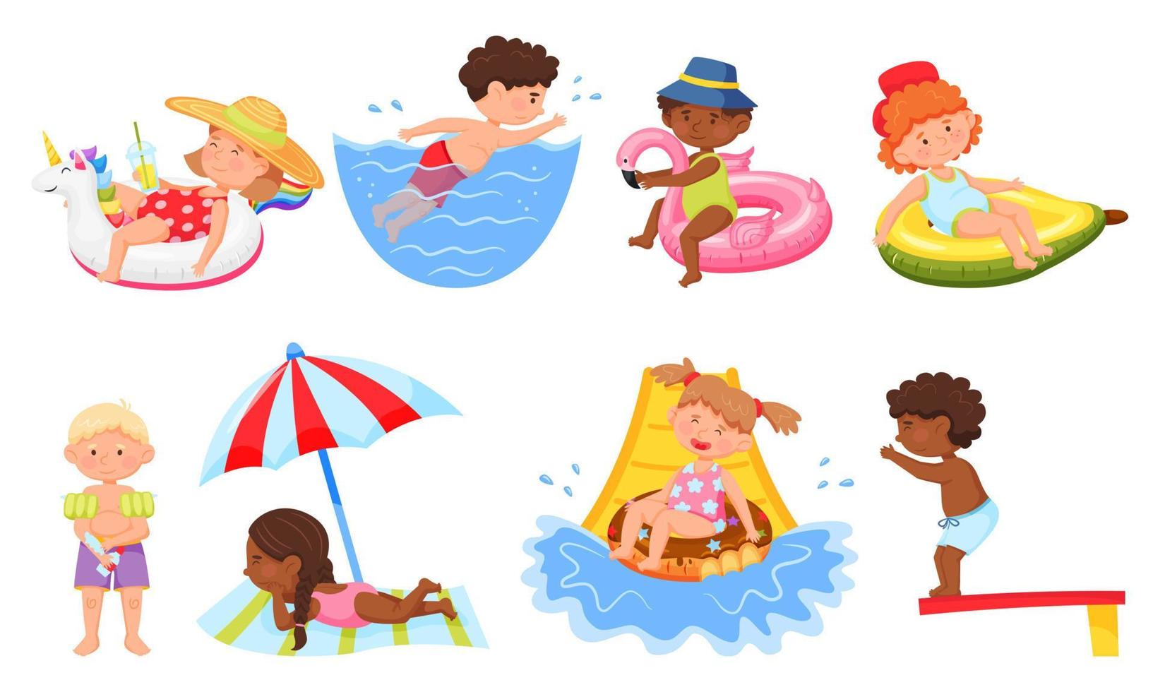 barn simning. Lycklig unge applicering Solskydd, gående ner vatten glida. tecknad serie barn i baddräkt på strand, sommar semester vektor uppsättning