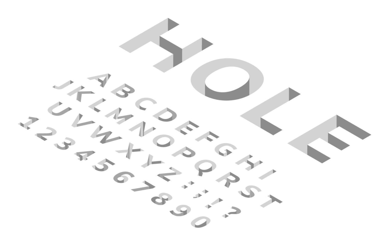 isometrisk hål font. 3d perspektiv alfabet, modern geometrisk kubisk typsnitt. djup hål i golv effekt brev, tal, symboler vektor uppsättning