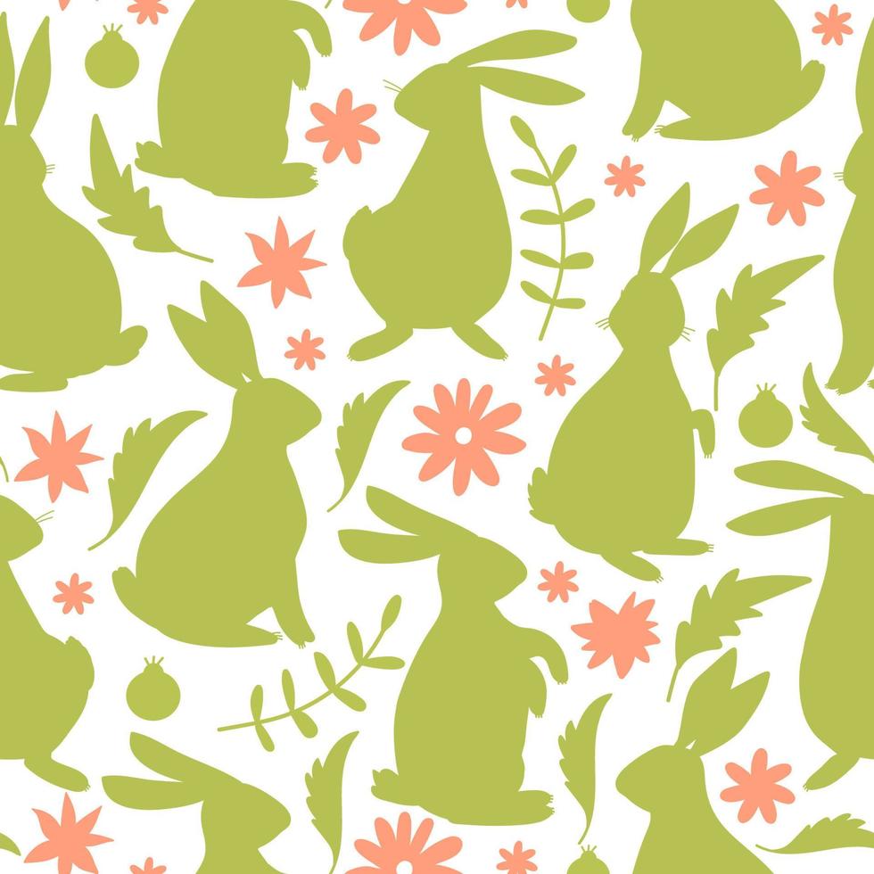 Ostern nahtlos Muster mit Hasen Silhouette, Blumen und Blätter. Textur zum Textil, Postkarte, Verpackung Papier, Verpackung usw. Vektor Illustration.