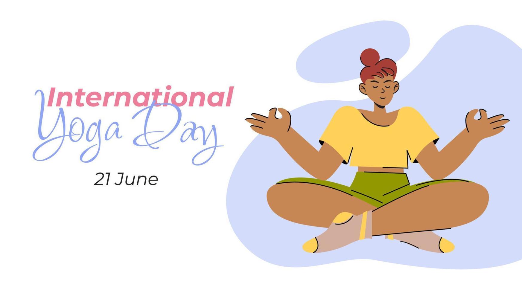 Mädchen im Lotus Position meditieren International Tag von Yoga Vektor eben Illustration