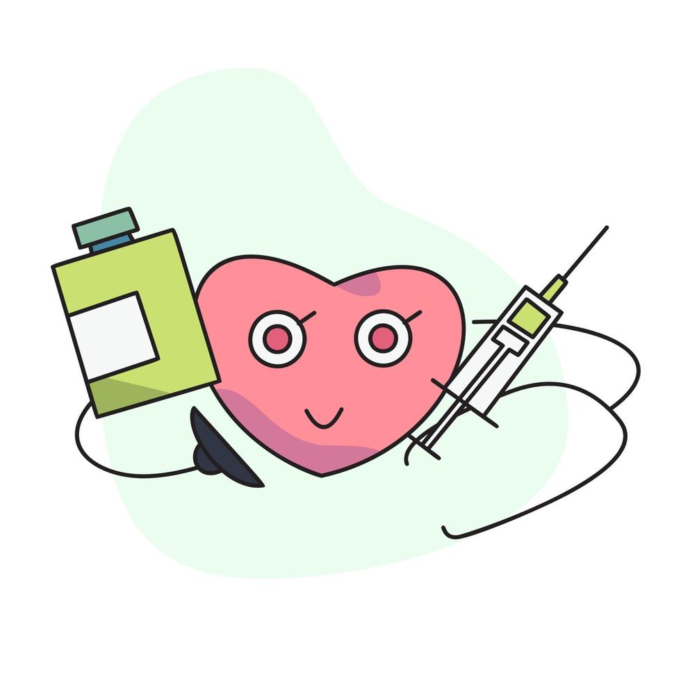 platt vektor illustration, söt hjärta innehav vaccin injektion med stetoskop och piller behållare.