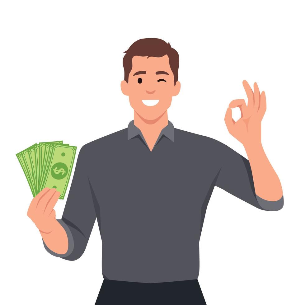 Lycklig ung man innehav kontanter eller pengar eller sedlar och gest Okej tecken. finansiell pengar begrepp. vektor