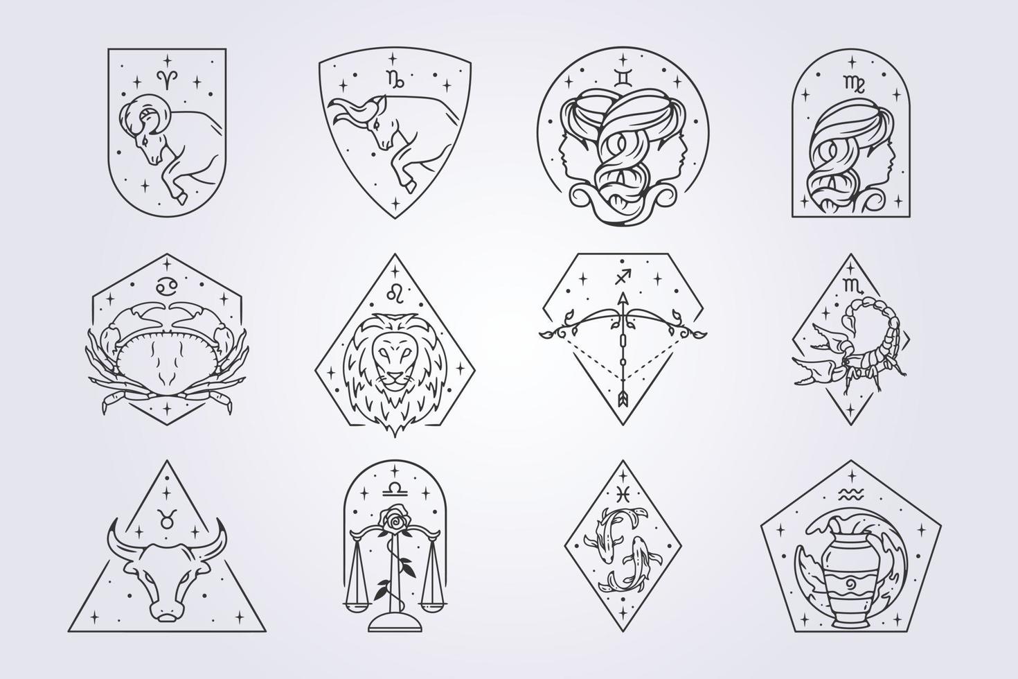 Tierkreis Astrologie Horoskop Zeichen Linie Kunst Design Vektor Abbildungen einstellen bündeln