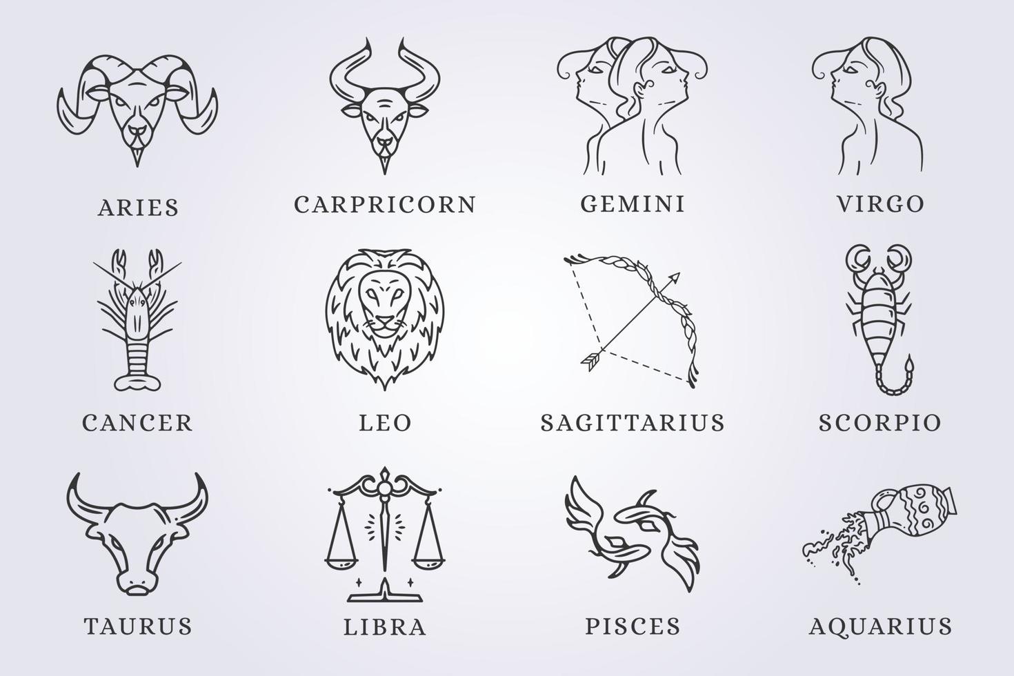 uppsättning av zodiaken astrologi horoskop tecken linje konst vektor illustrtaion design