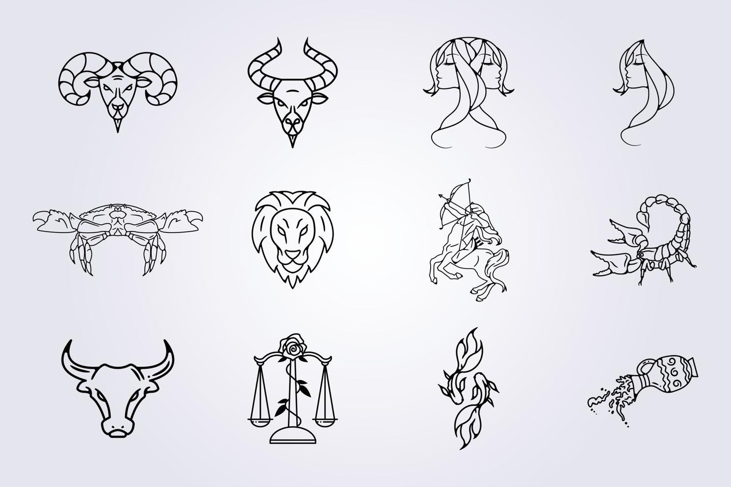 linje arbete av zodiaken horoskop astrologi tecken uppsättning vektor linje illustration design