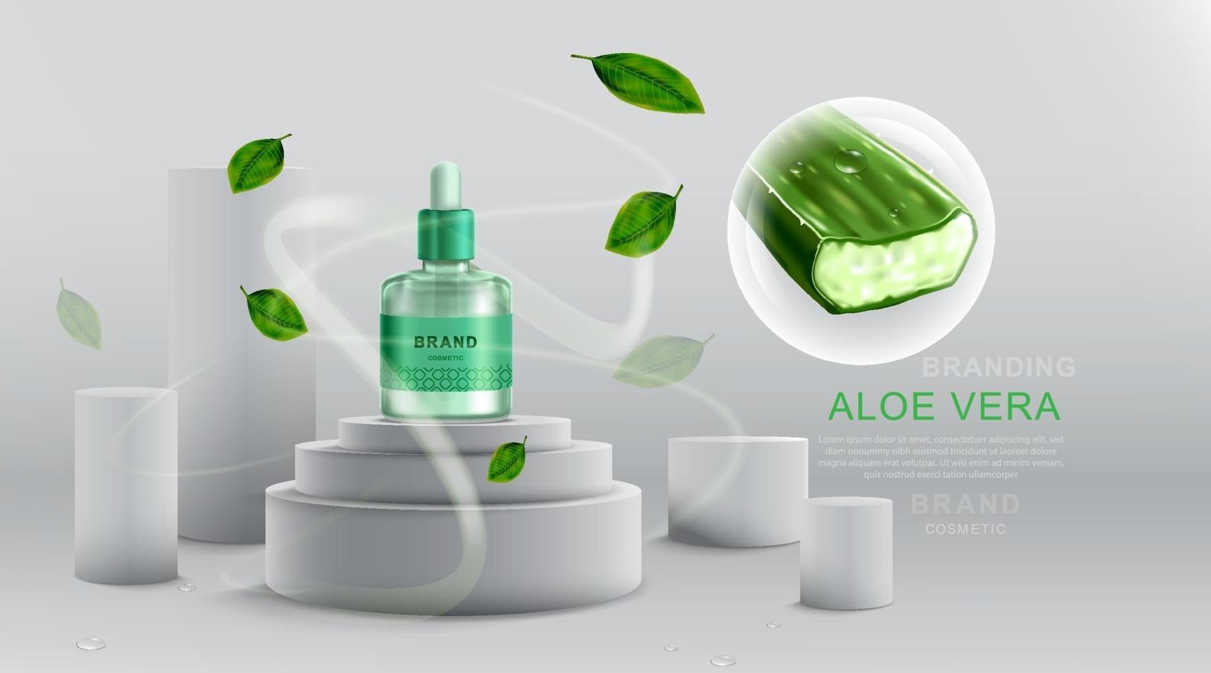 Kosmetik- oder Hautpflegeprodukte. Flaschenmodell und Aloe Vera mit geometrischem Hintergrund. Vektorillustration. vektor