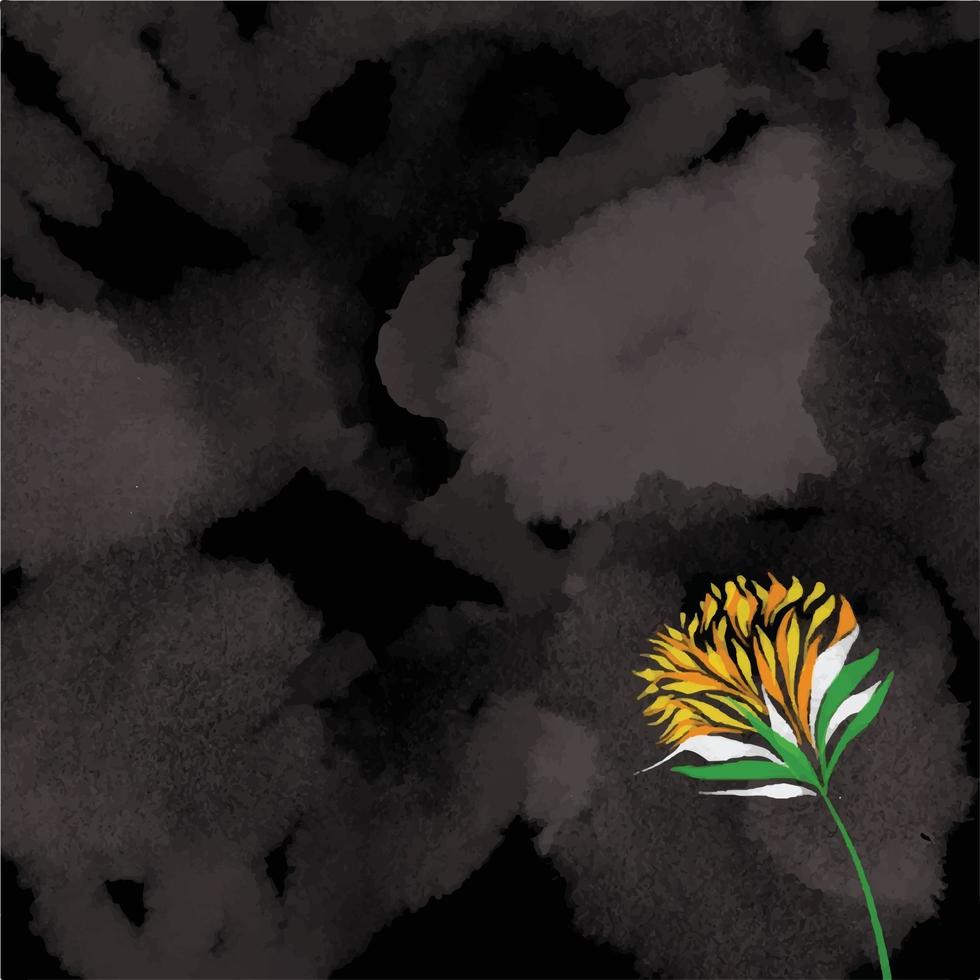 texturiert schwarz Tinte Aquarell grungy Vektor Hintergrund mit Gelb Blume Dekor isoliert auf Platz Vorlage