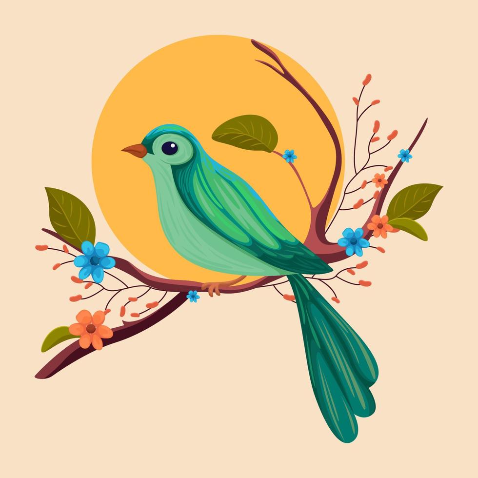 illustration med skön fågel och blommor, löv, natur, abstrakt blad mönster, illustration, vår illustration vektor