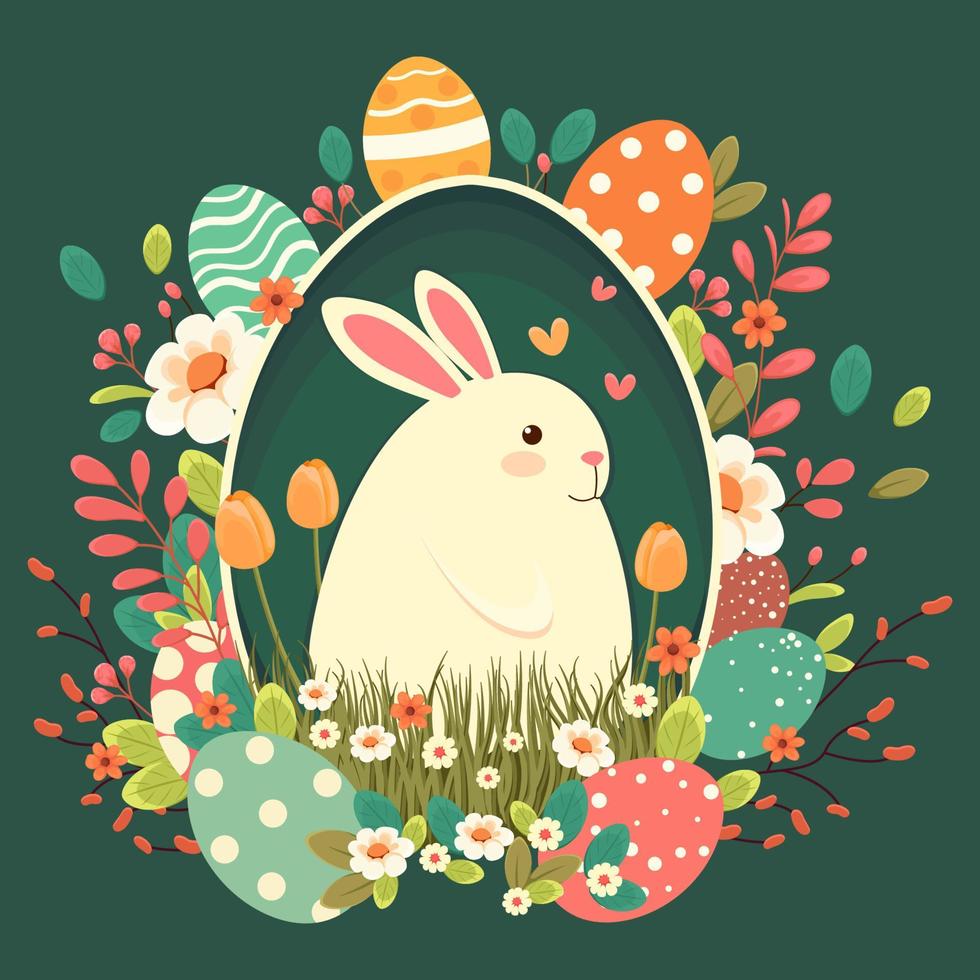 Ostern Illustration mit ein Kaninchen, Blumen, Ostern Eier, Hintergrund, Banner, saisonal Karte, Frühling, Vektor