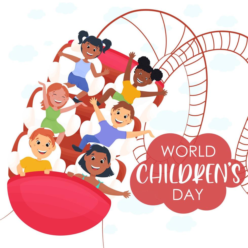 glücklich Kinder- Tag. Abbildungen von glücklich Kinder Reiten Amüsement Fahrten, Poster zum Welt Kinder- Tag Feier vektor