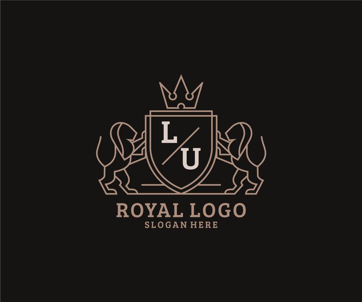 första lu brev lejon kunglig lyx logotyp mall i vektor konst för restaurang, kungligheter, boutique, Kafé, hotell, heraldisk, Smycken, mode och Övrig vektor illustration.