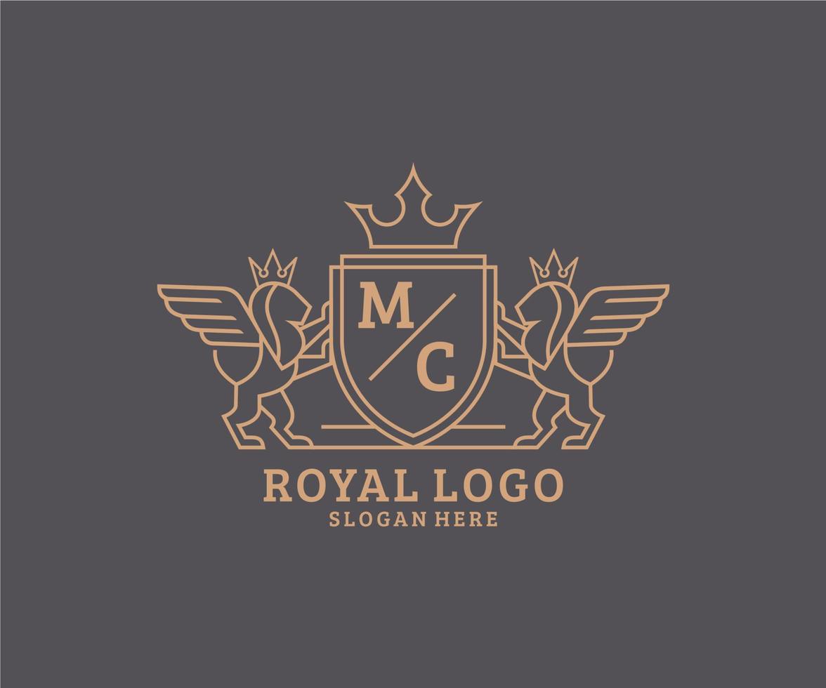 första mc brev lejon kunglig lyx heraldisk, vapen logotyp mall i vektor konst för restaurang, kungligheter, boutique, Kafé, hotell, heraldisk, Smycken, mode och Övrig vektor illustration.