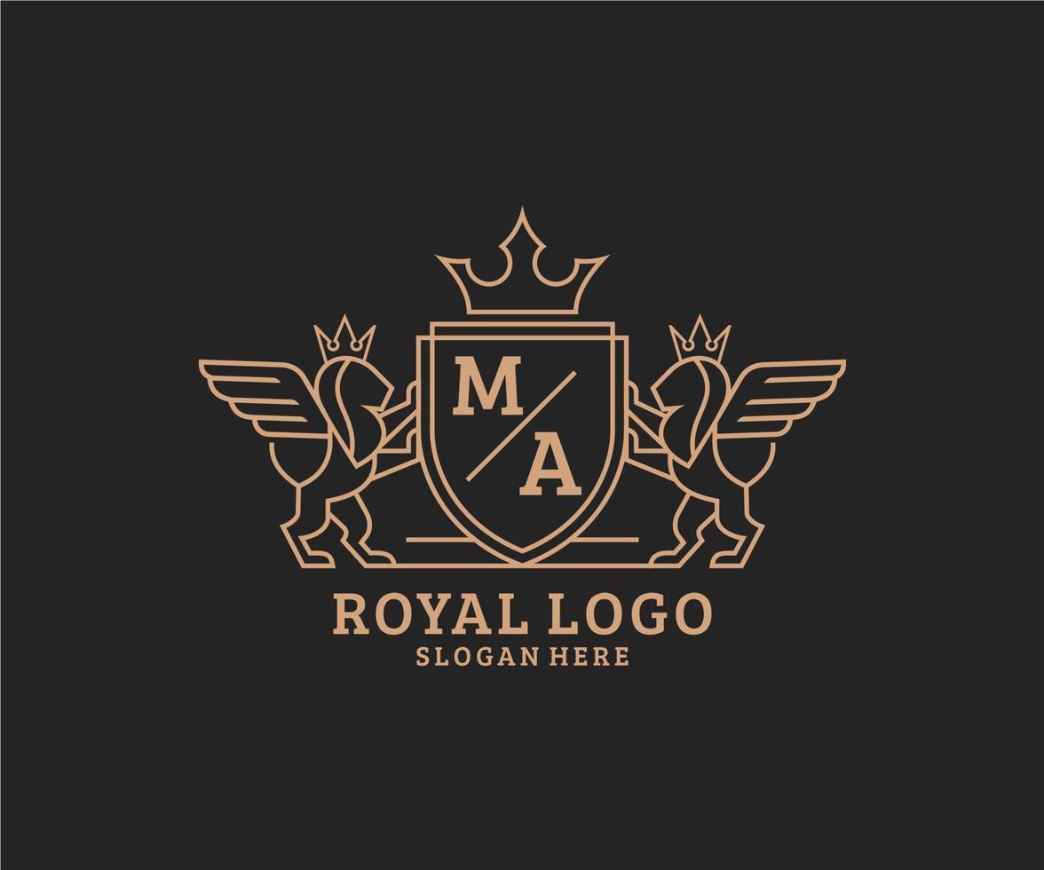 första ma brev lejon kunglig lyx heraldisk, vapen logotyp mall i vektor konst för restaurang, kungligheter, boutique, Kafé, hotell, heraldisk, Smycken, mode och Övrig vektor illustration.