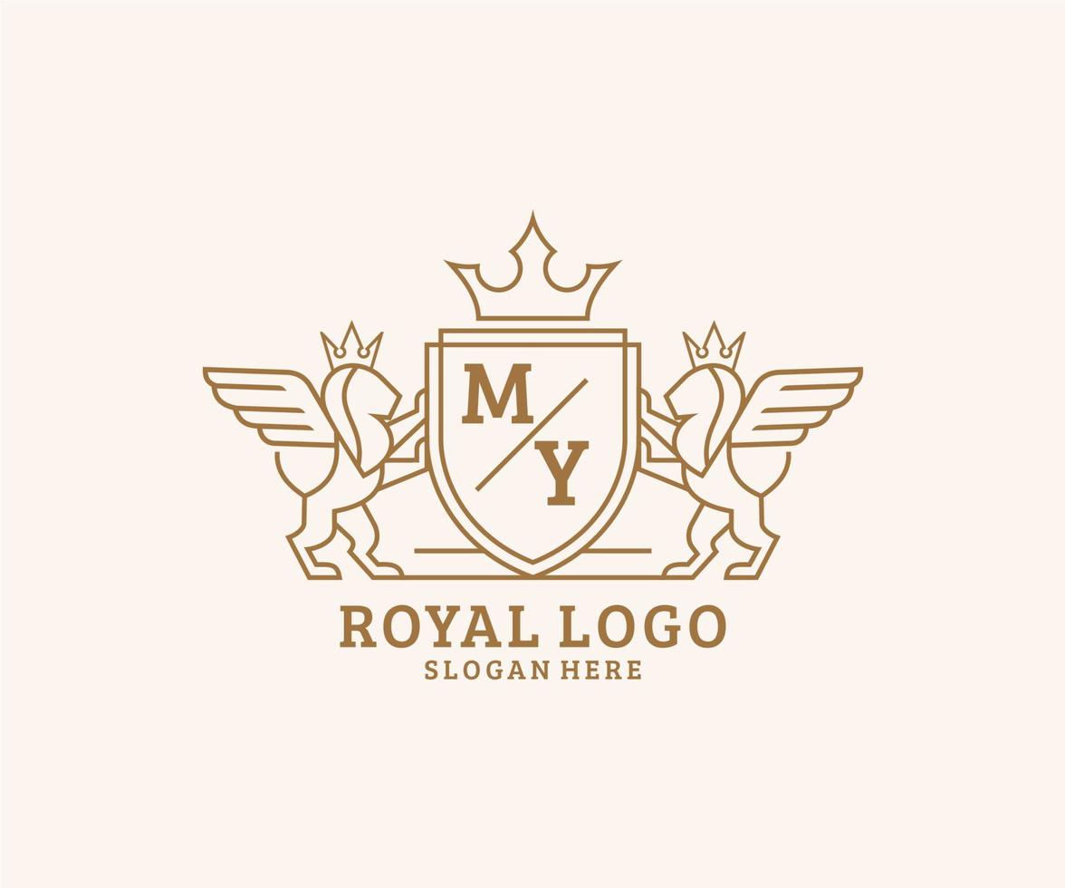 första min brev lejon kunglig lyx heraldisk, vapen logotyp mall i vektor konst för restaurang, kungligheter, boutique, Kafé, hotell, heraldisk, Smycken, mode och Övrig vektor illustration.