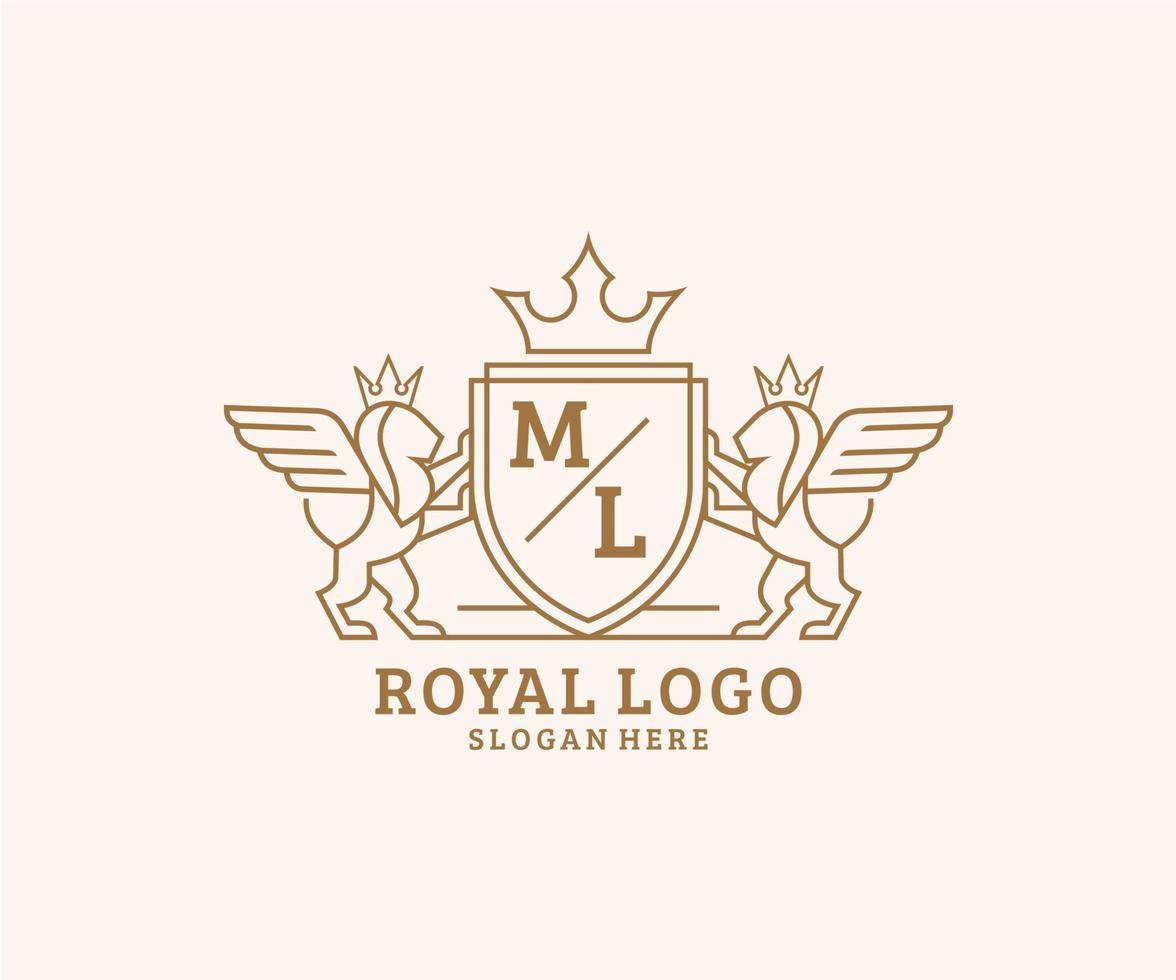 första ml brev lejon kunglig lyx heraldisk, vapen logotyp mall i vektor konst för restaurang, kungligheter, boutique, Kafé, hotell, heraldisk, Smycken, mode och Övrig vektor illustration.