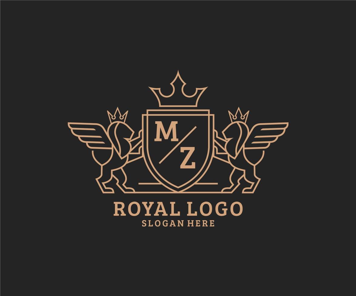 Initiale mz Brief Löwe königlich Luxus heraldisch, Wappen Logo Vorlage im Vektor Kunst zum Restaurant, Königtum, Boutique, Cafe, Hotel, heraldisch, Schmuck, Mode und andere Vektor Illustration.