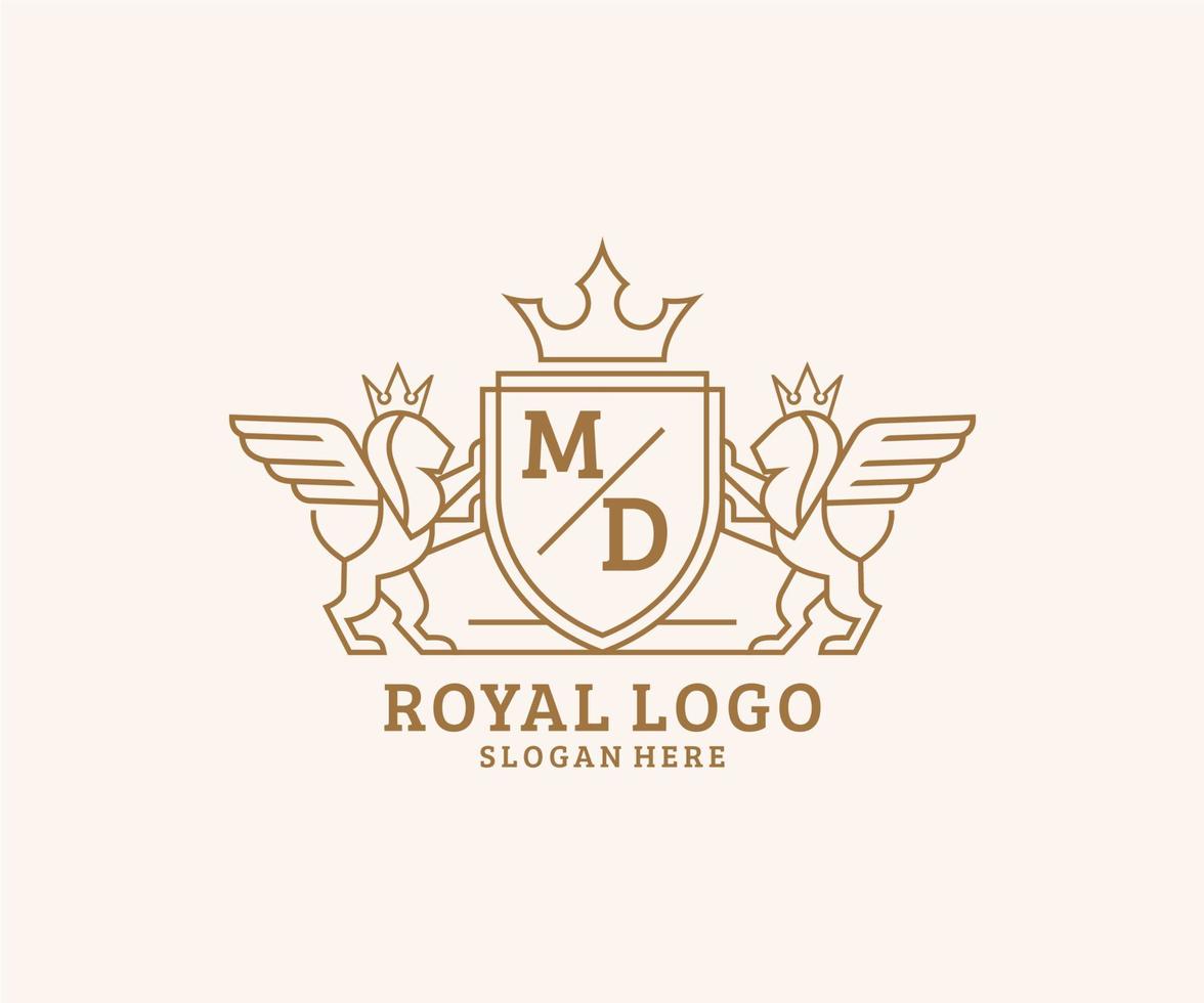 första md brev lejon kunglig lyx heraldisk, vapen logotyp mall i vektor konst för restaurang, kungligheter, boutique, Kafé, hotell, heraldisk, Smycken, mode och Övrig vektor illustration.